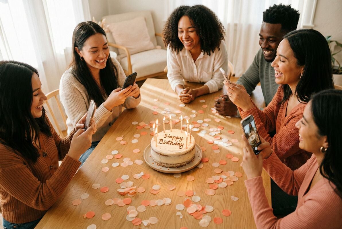 Friends celebrating a birthday together with a cake and confetti