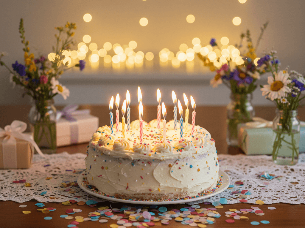 Birthday candles glowing on a cake, ready for a celebration