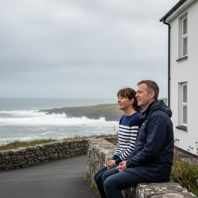 Eleanor and Howard, younger, on a wall above the Sligo coast