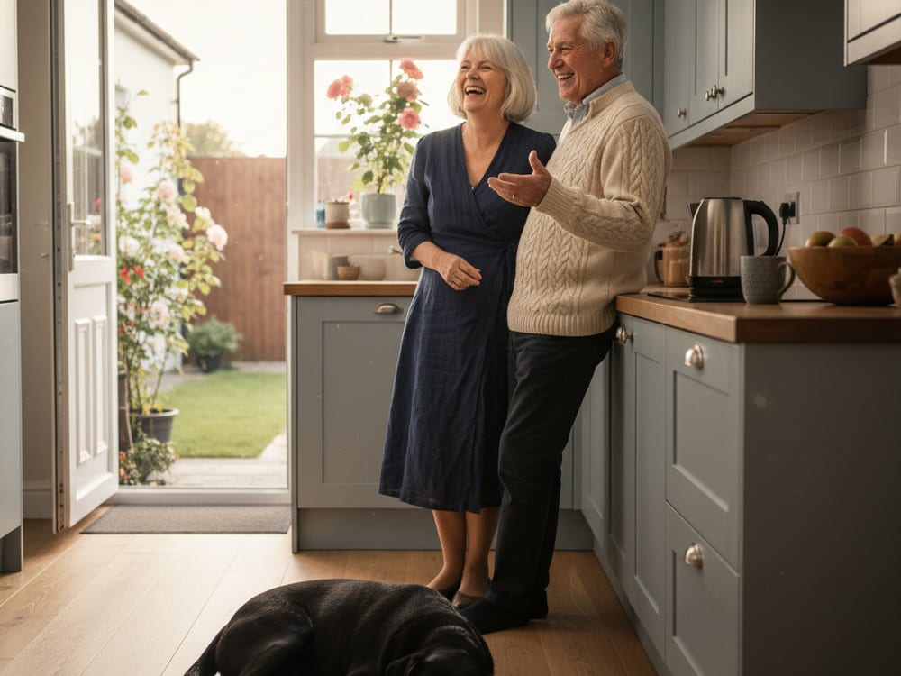 Eleanor and Howard in their kitchen with the dog at their feet