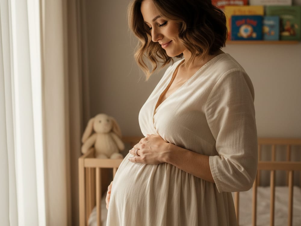 Wren's mother, expecting, in the sunlit nursery beside the crib