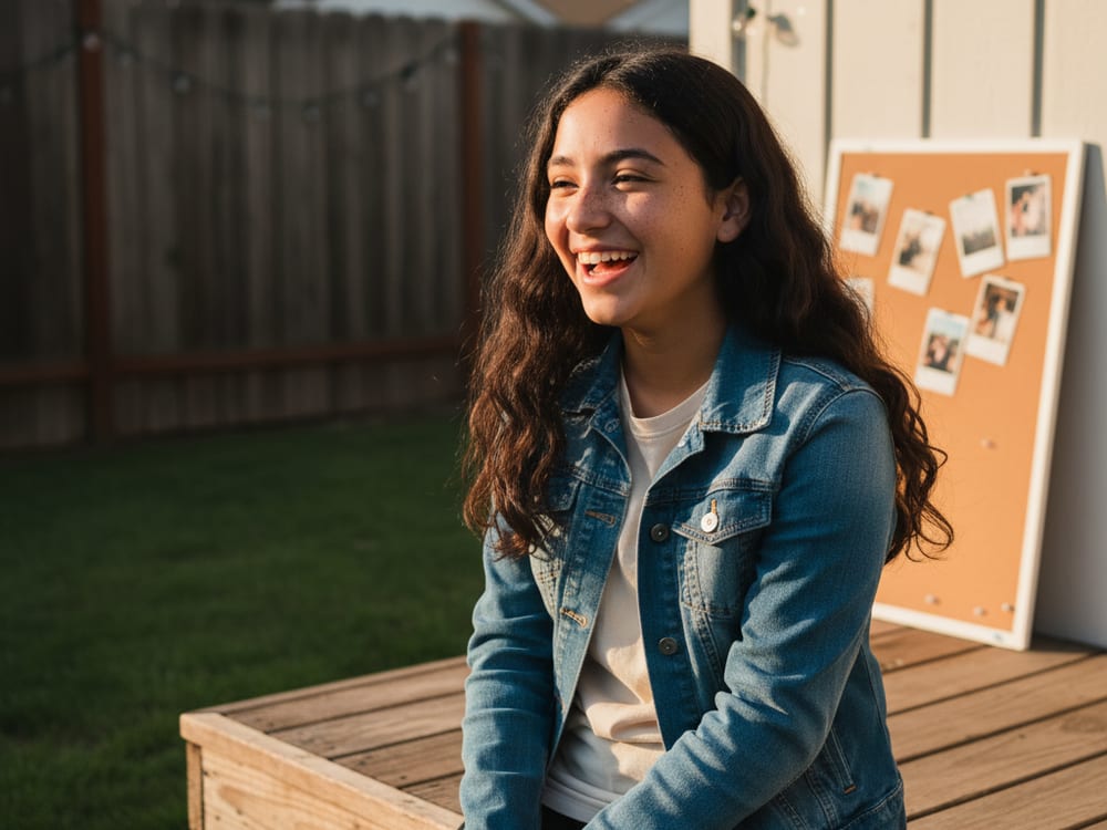 Lila, sixteen, laughing in the golden-hour light by her backyard polaroid board