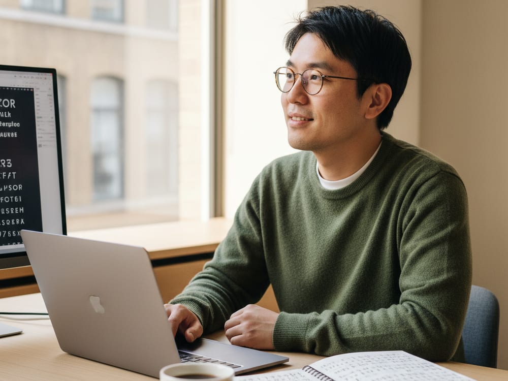 Kai at his studio desk, type on the screen behind him