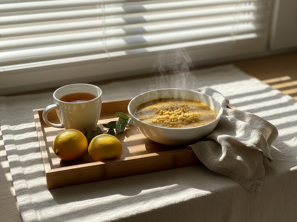 A tray of tea, soup, and lemons in striped morning sunlight