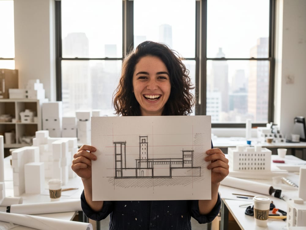 Maya holding her architecture drawing in the studio, city skyline behind