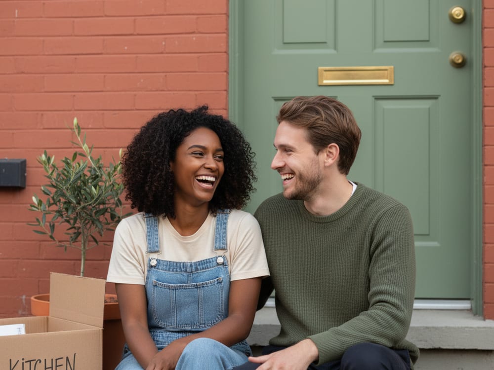 The Pelletiers laughing on the doorstep among moving boxes