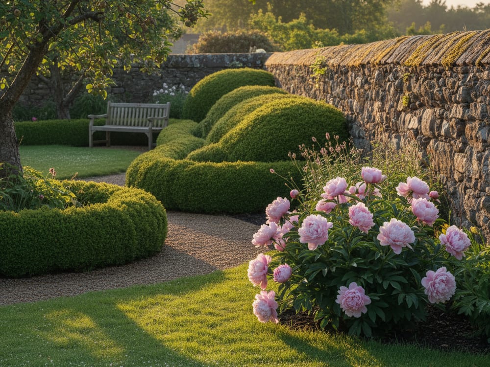 A walled garden of clipped box hedges and pink peonies at golden hour
