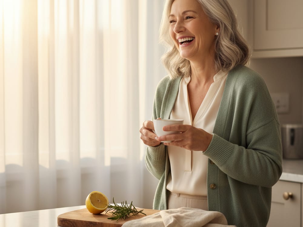 Linda laughing with a cup of tea in her sunlit kitchen