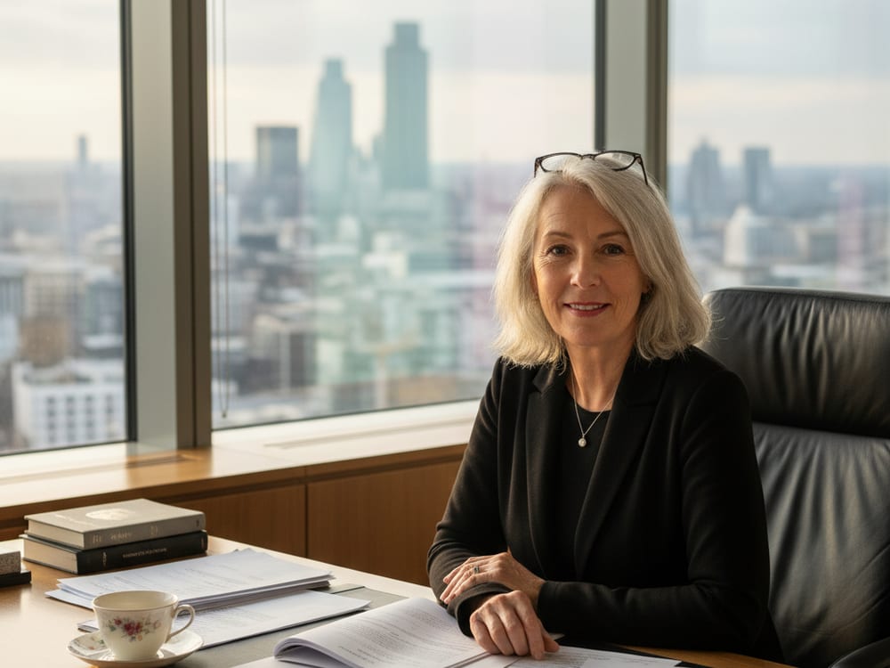 Eleanor at her desk with the London skyline through the window