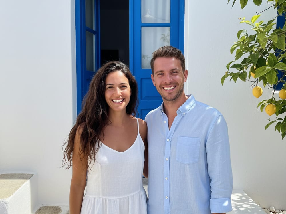 Iris and Daniel outside a blue Greek doorway with a lemon tree