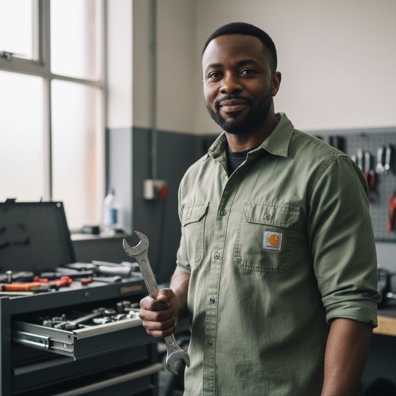 Tunde in the workshop, holding a wrench by the tool bench
