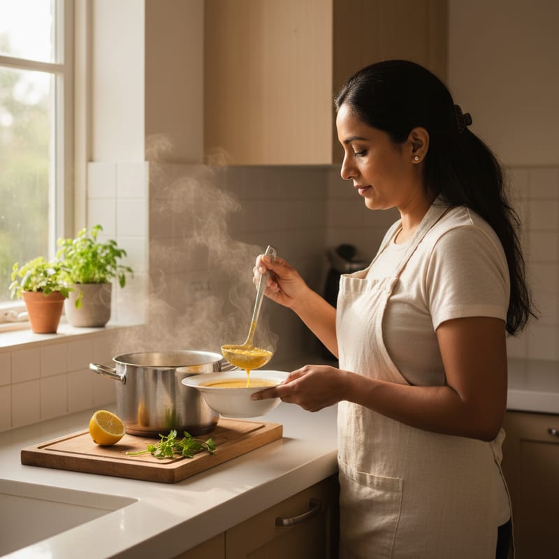 Anjali ladling soup in a sunlit kitchen