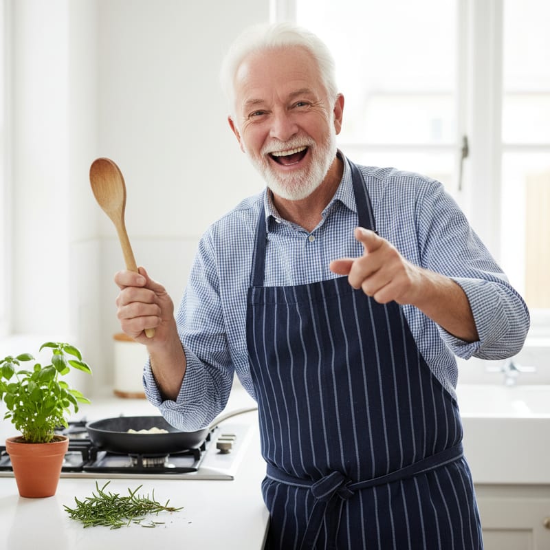 Tom in the kitchen in an apron, laughing, holding a wooden spoon