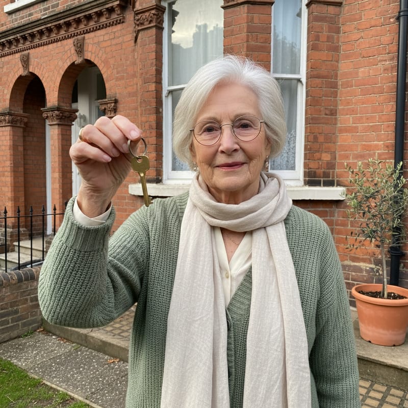 Hazel, the previous owner, holding up the house keys in front of the brick house
