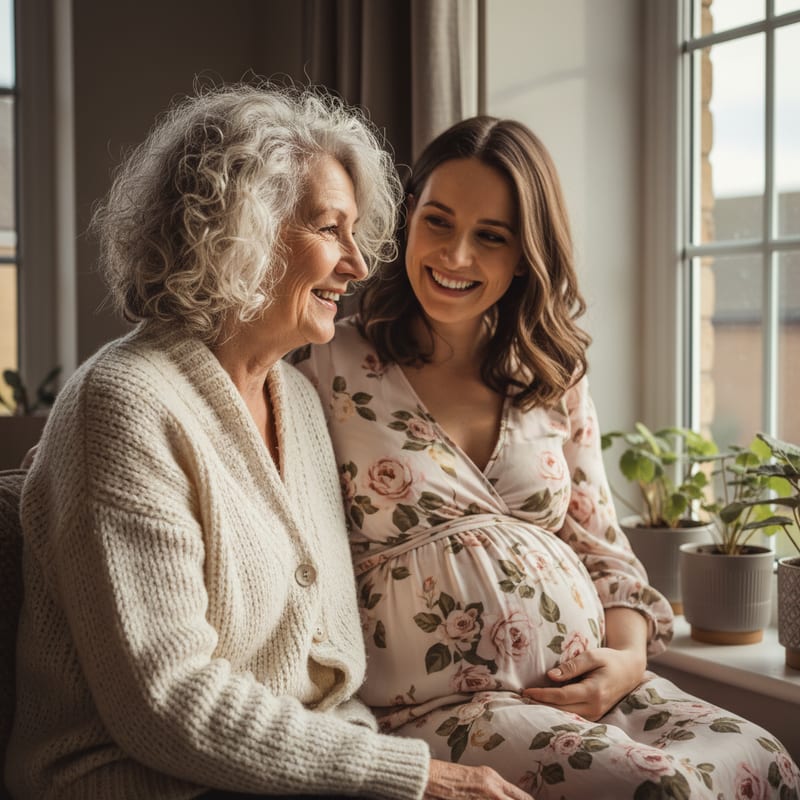 Wren's great-grandmother beside her expectant mother by a sunlit window